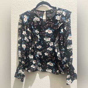 Timing Black Floral Ruffle Blouse with Blue & Pink Accents